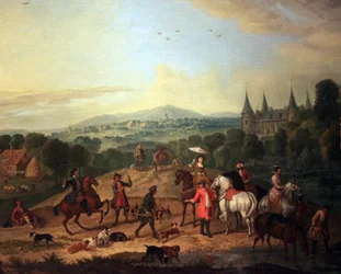 Elegant Group of Riders on a Falcon Hunt in a Landscape with Castle
